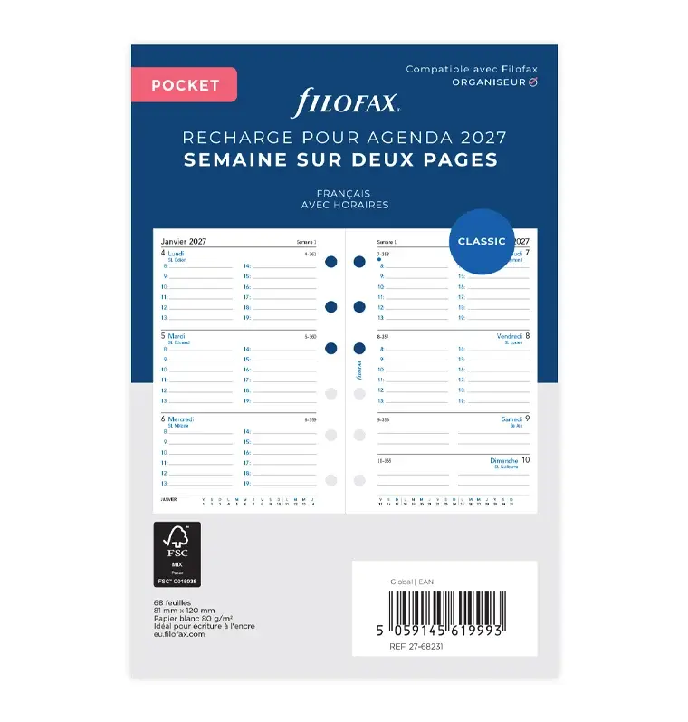 FILOFAX Recharge Agenda Pocket 2027 - 1 Semaine Sur 2 Pages Vertical français