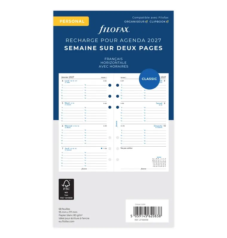 FILOFAX Recharge Agenda Personal 2027 - 1 Semaine Sur 2 Pages - Français