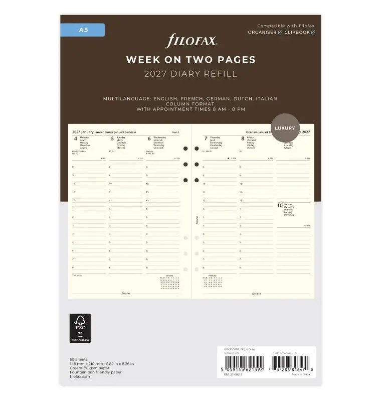 FILOFAX Recharge Agenda A5 2027 - 1 Semaine Sur 2 Pages - Papier Coton Crème multilangue