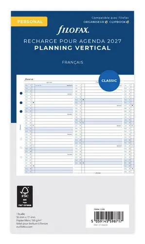 FILOFAX Recharge Agenda Personal 2027 - Planning Annuel Vertical - Français