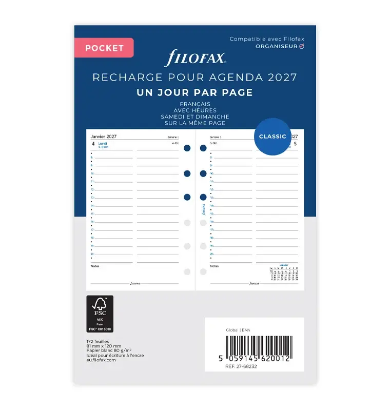 FILOFAX Recharge Agenda Pocket 2027 - 1 Jour Par Page - Français