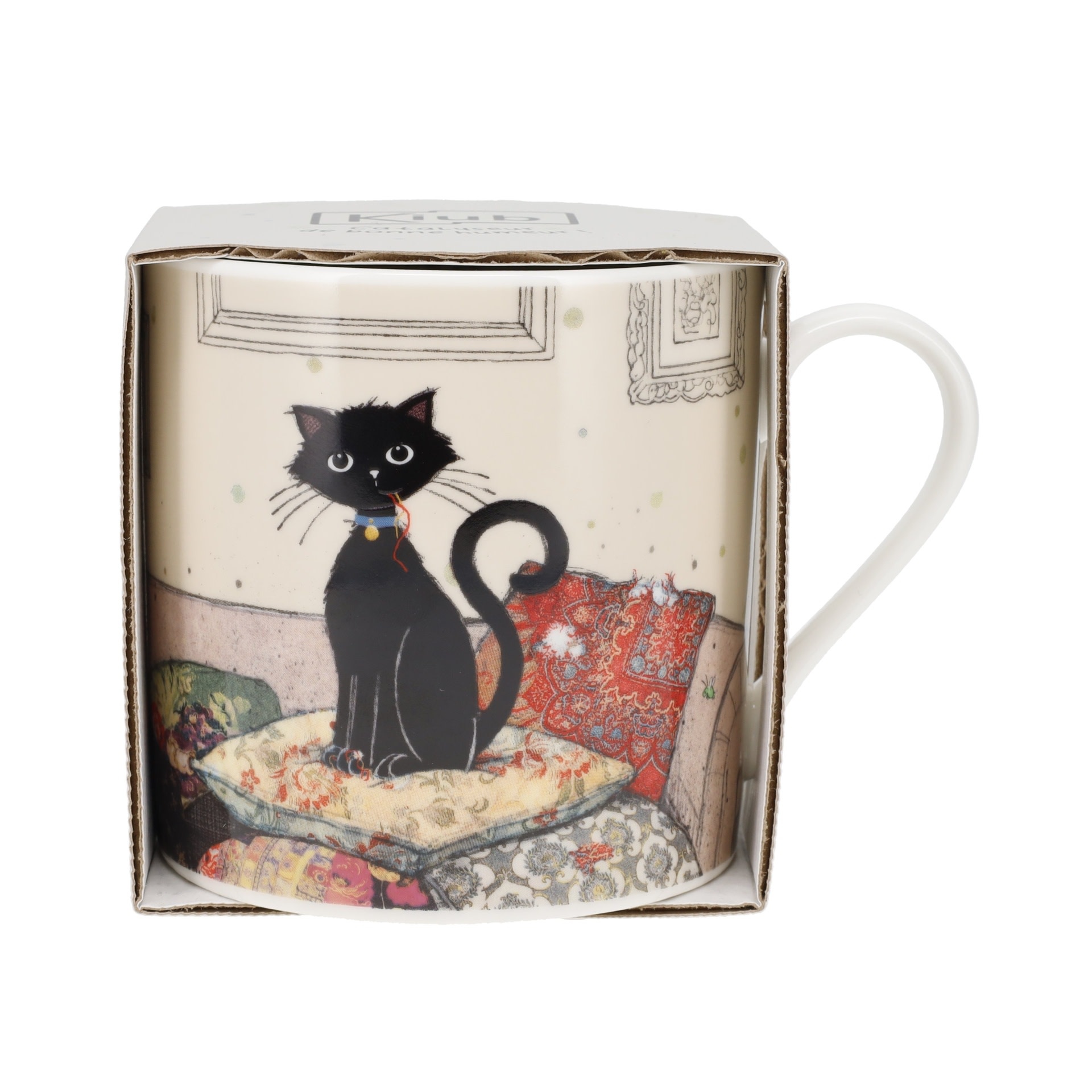 KIUB Mug Xl Droit 425 Ml Porcelaine + Fourreau Bug Art Chat Et Coussins