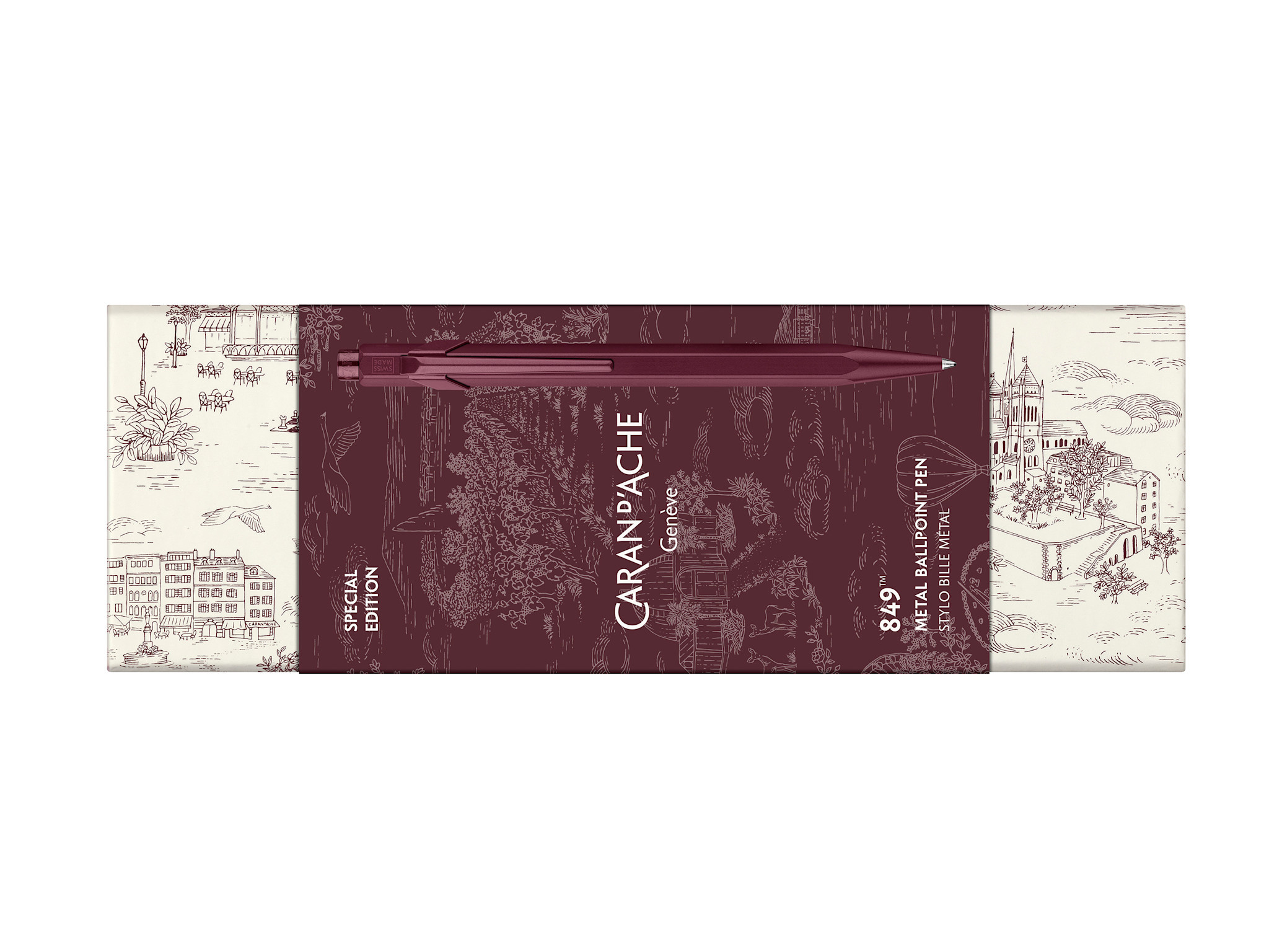 CARAN D'ACHE Stylo Bille 849 Noël 2026 Bordeaux, Recharge Noire M, En Écrin Carton