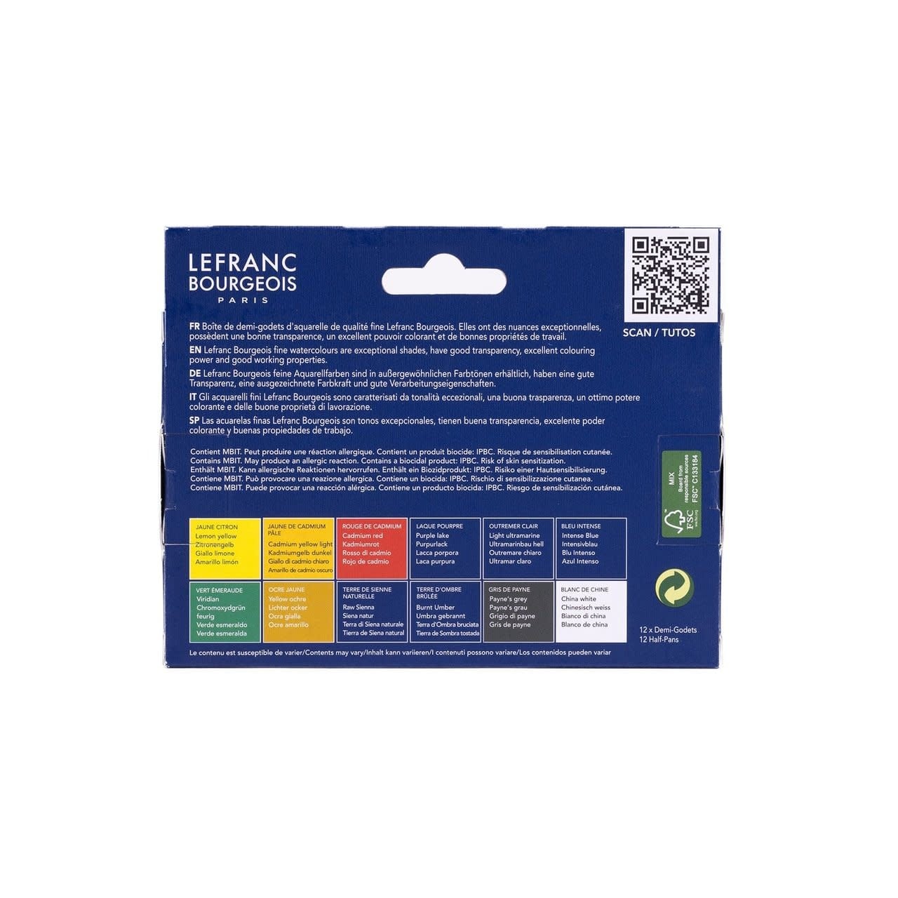 LEFRANC BOURGEOIS Boite Plastique Fine Aquarelle 12 1/2 Godets
