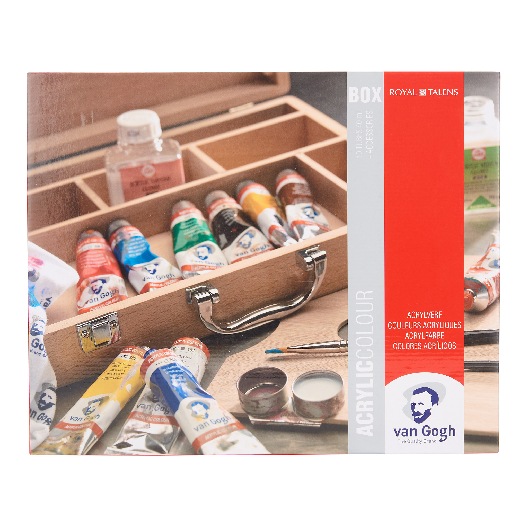 VAN GOGH Set De Base Couleurs Acryliques Dans Une Boîte En Bois, Avec 10 Couleurs En Tubes De 40 Ml + Accessoires.