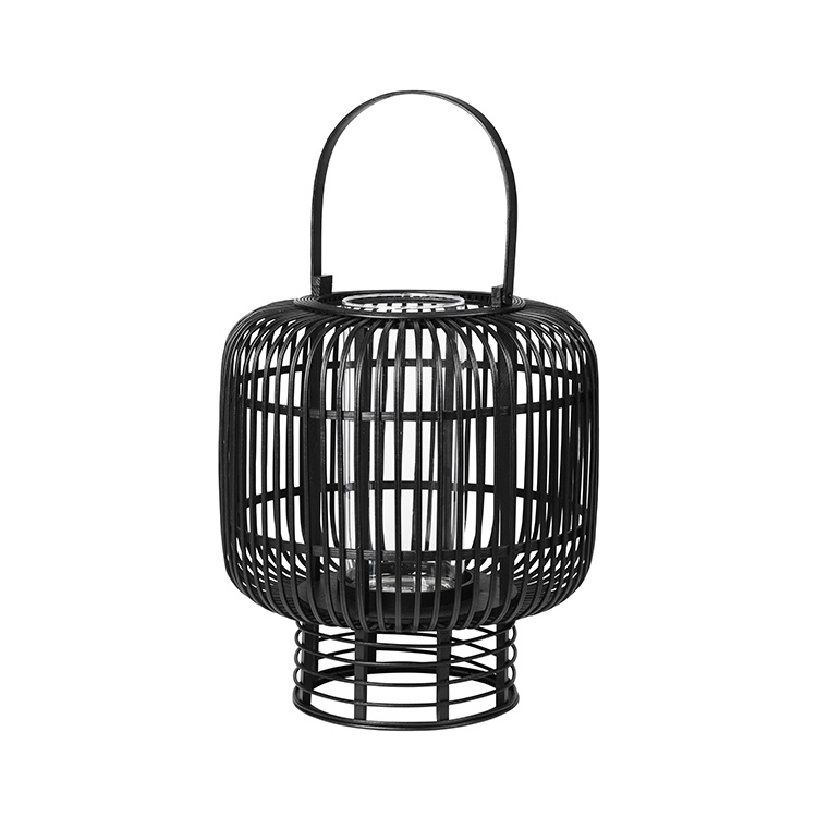 Broste Copenhagen Lanterne Goran bambou / verre noir - Ø37XH42CM