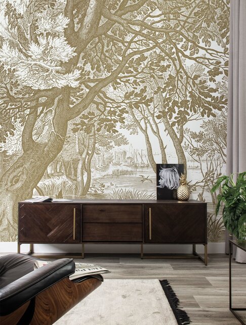 KEK Amsterdam Graverad landskap guld tapet MW-040 - 200x280cm