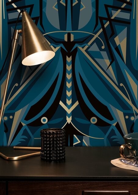 KEK Amsterdam Carta da parati Art Déco oro cavalletta animaux - blu