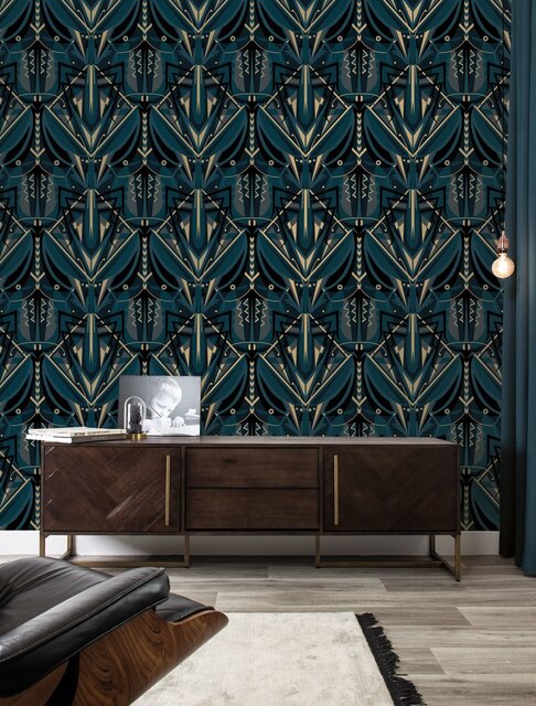 KEK Amsterdam Carta da parati Art Déco oro cavalletta animaux - blu