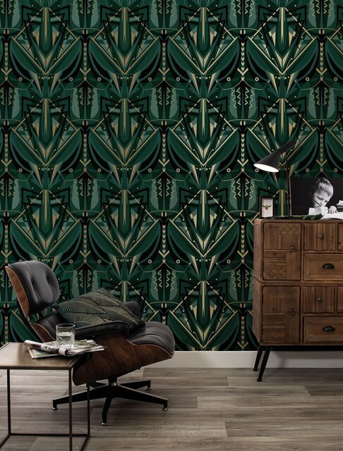 KEK Amsterdam Carta da parati Art Déco oro cavalletta animaux - verde