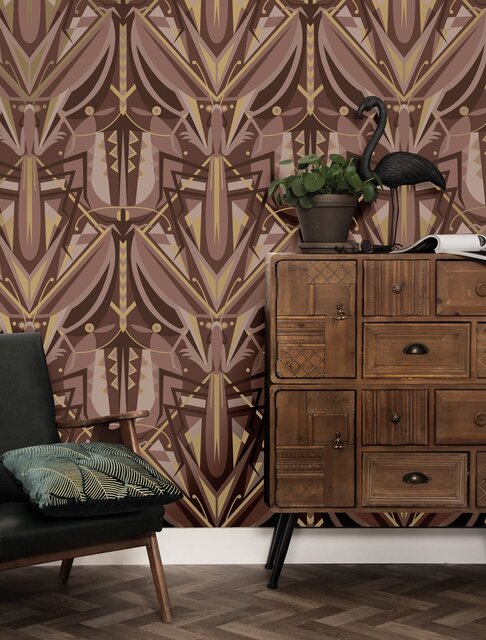 KEK Amsterdam Papier peint art déco or animaux sauterelle - taupe