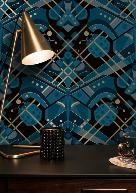 KEK Amsterdam Papel tapiz Art Deco dorado con Mariposa Animaux - azul