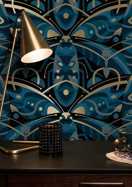 KEK Amsterdam Papel tapiz art déco dorado Escarabajo de los animaux - azul