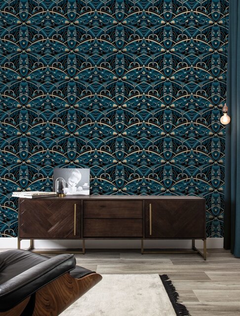 KEK Amsterdam Papel tapiz art déco dorado Escarabajo de los animaux - azul