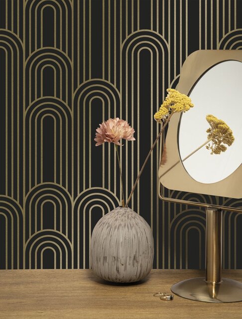 KEK Amsterdam Carta da parati linee dorate 100x280cm nero / oro MW-091