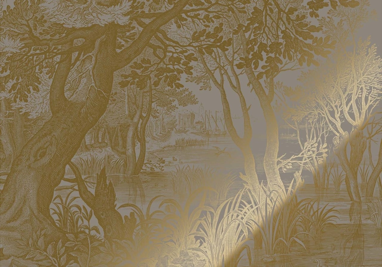 KEK Amsterdam Papel pintado dorado paisajes grabados gris MW-099 300x280cm