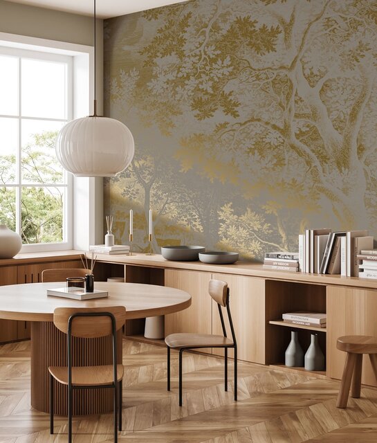 KEK Amsterdam Papel pintado dorado paisajes grabados gris MW-174 300x280cm