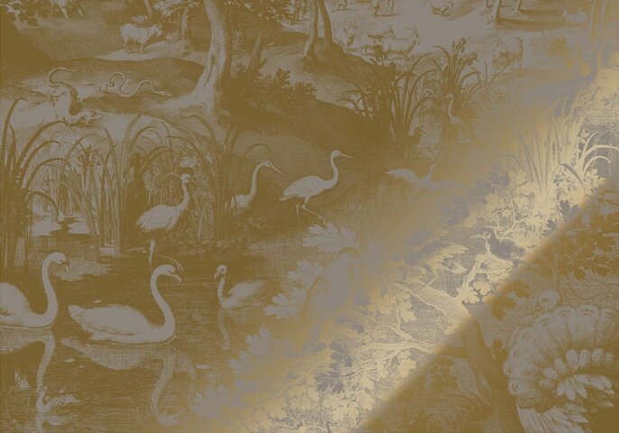 KEK Amsterdam Carta da parati con paesaggi incisi oro grigio MW-112 400x280cm