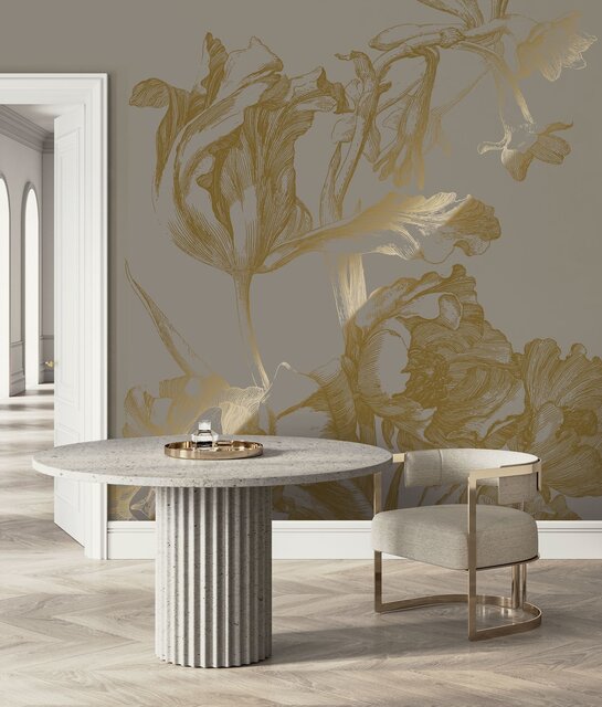 KEK Amsterdam Papel pintado floral grabado dorado gris MW-128 200x280cm