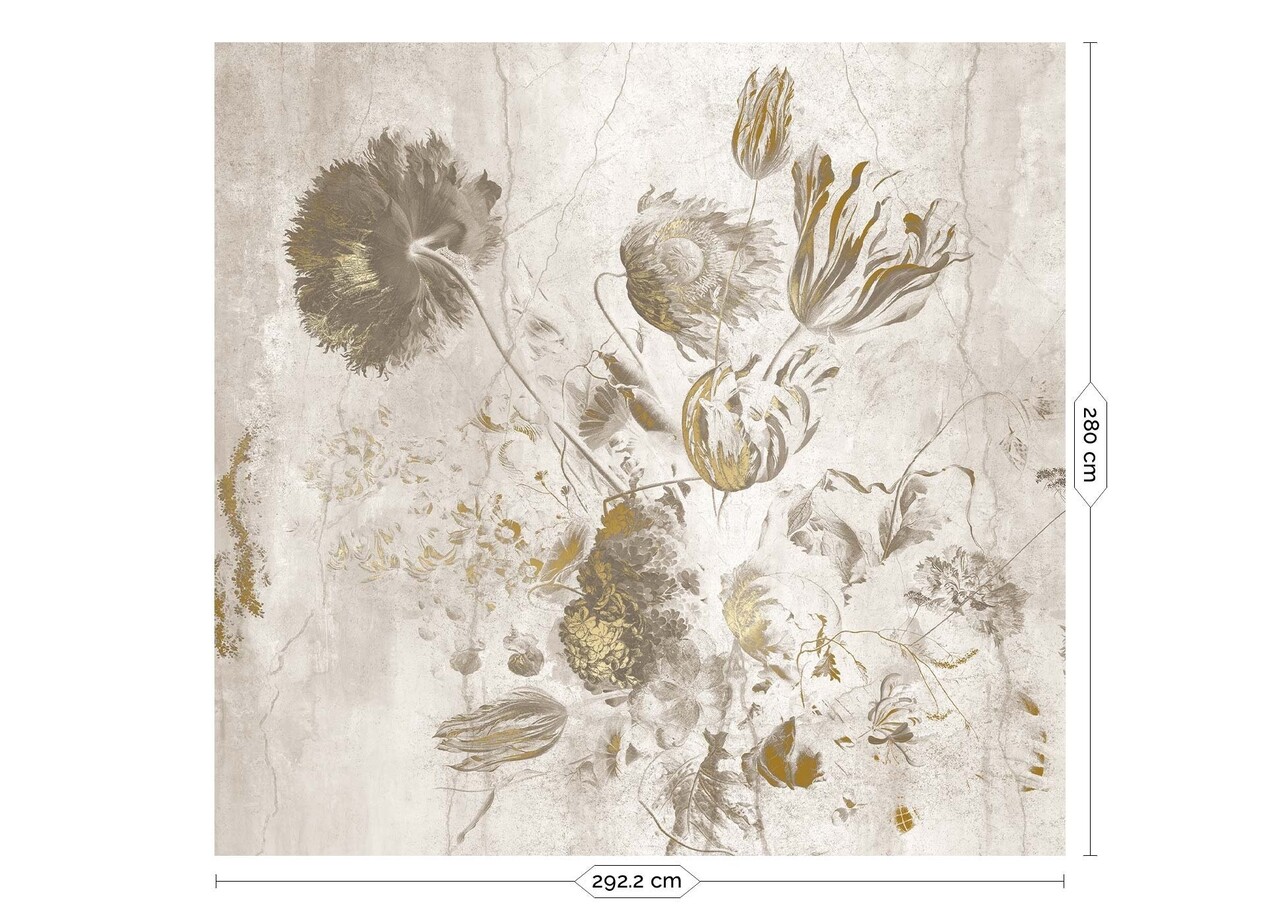 KEK Amsterdam Fresco Flowers Tapete FU-061 - 292,2x280cm gold/weiß