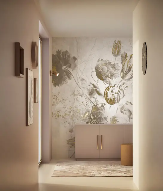 KEK Amsterdam Papier peint Fresco Flowers FU-062 - 389,6x280cm or/blanc