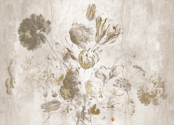KEK Amsterdam Fresco Flowers tapet FU-062 - 389,6x280cm guld/hvid