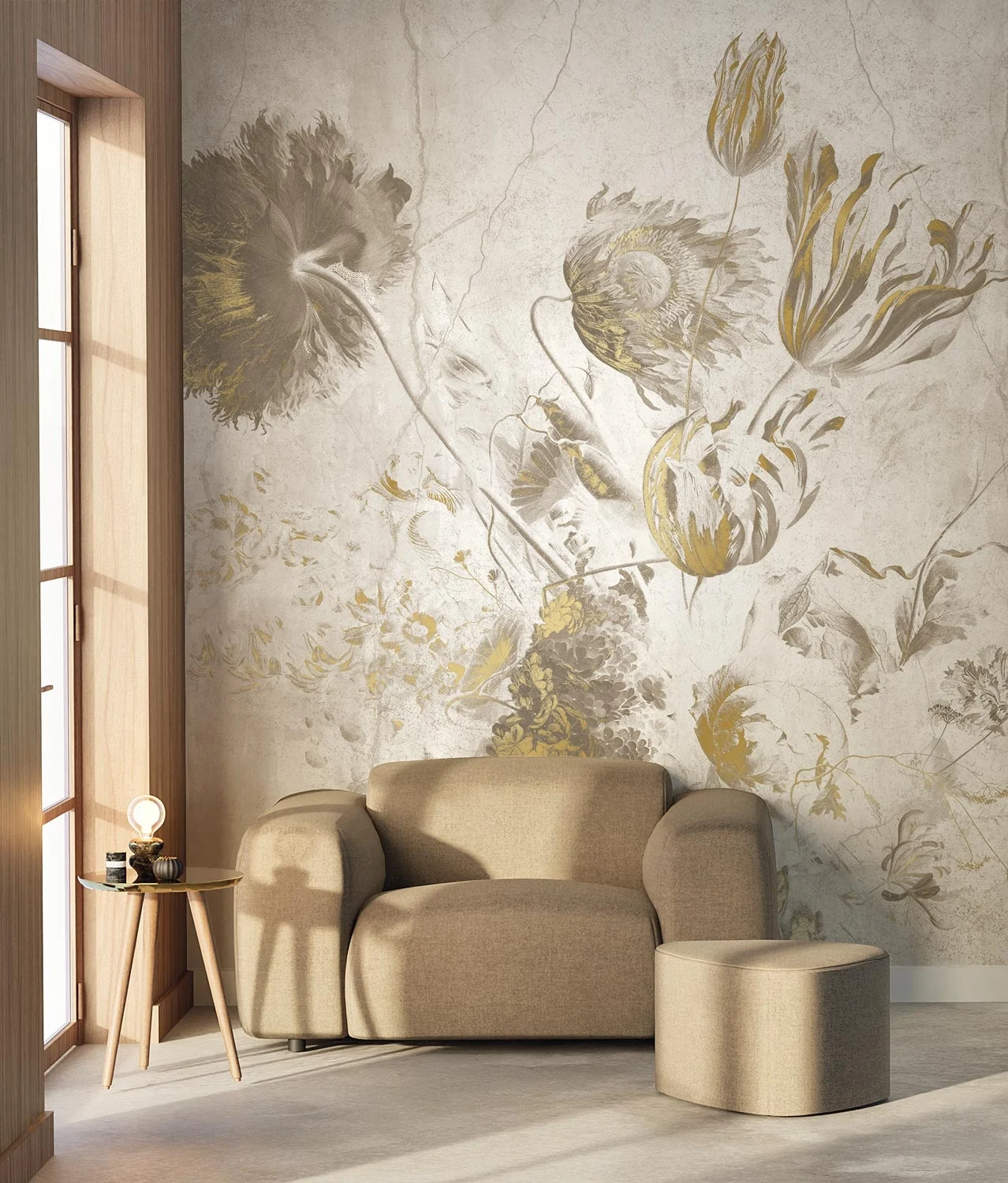 KEK Amsterdam Fresco Flowers behang FU-062 - 389,6x280cm goud/wit