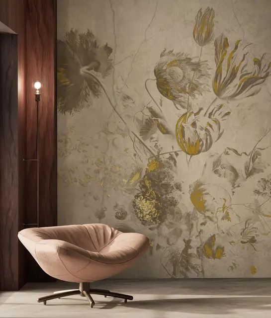 KEK Amsterdam Papier peint Fresco Flowers FU-051 - 194,8x280cm or/beige