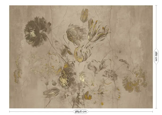 KEK Amsterdam Papier peint Fresco Flowers FU-053 - 389,6x280cm or/beige
