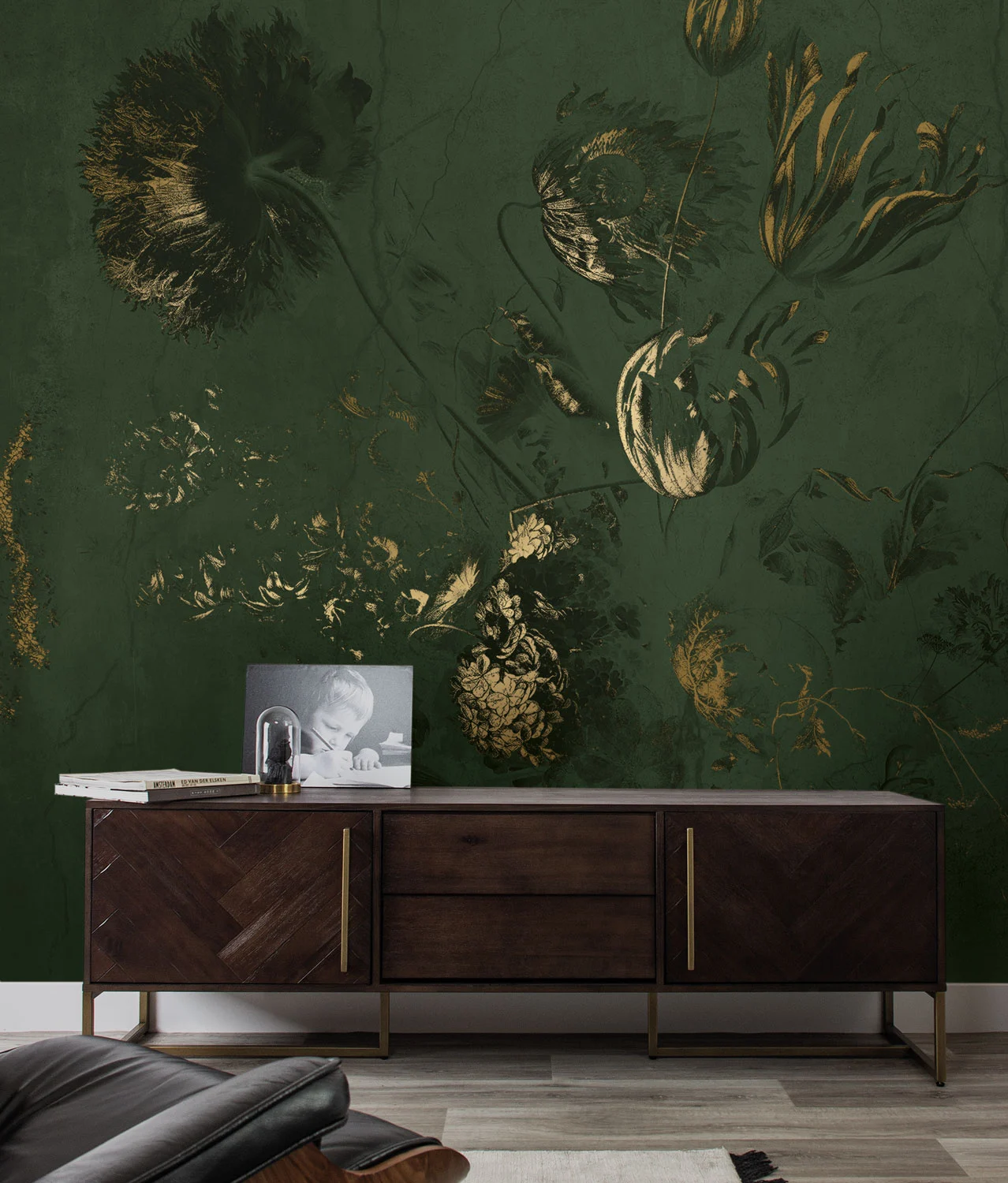 KEK Amsterdam Fresco Flowers behang FU-058 - 292,2x280cm goud/groen