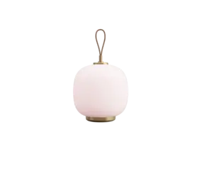 Louis Poulsen VL 45 Radiohus tragbare Lampe Messing/glänzendes blassrosa Glas