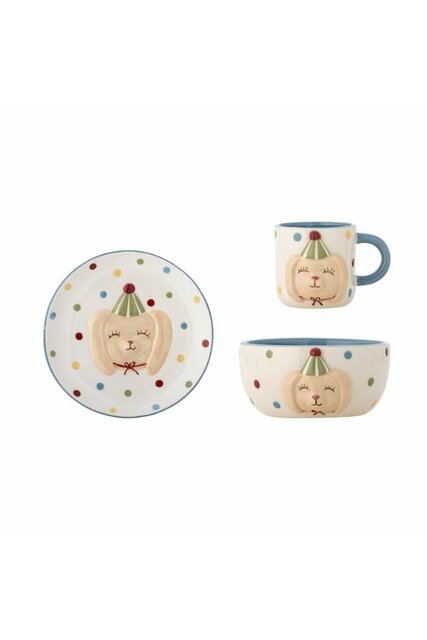 Bloomingville Mini Service de table bleu comprenant une assiette, une tasse et un petit bol. Bloomingville Mini Service de table bleu comprenant une assiette, une tasse et un petit bol.