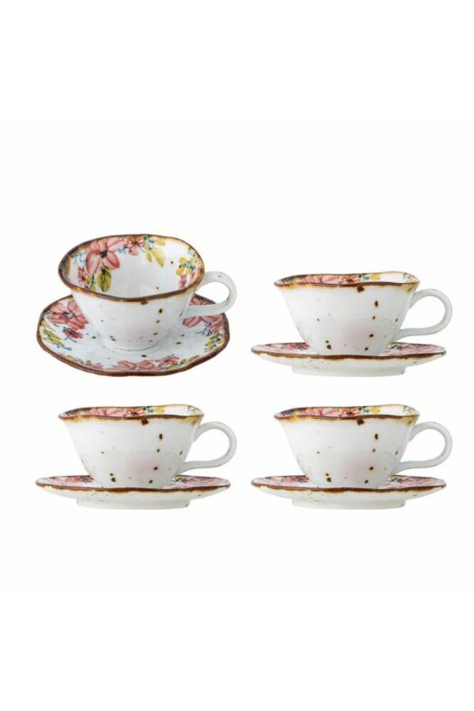 Bloomingville Savina kop en schotel roze set van 4 stuks Bloomingville Savina kop en schotel roze set van 4 stuks