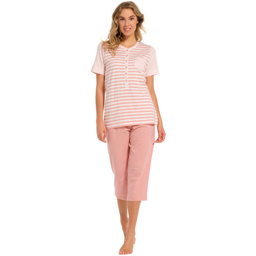 Pastunette Dames pyjama capri broek - roze gestreept