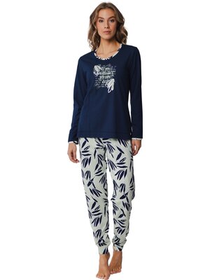 Pastunette Dames pyjama katoen - leaves donkerblauw