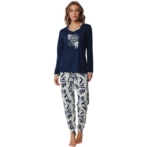 Pastunette Dames pyjama katoen - leaves donkerblauw