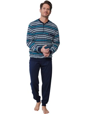 Robson Heren pyjama katoen - gestreept turquoise