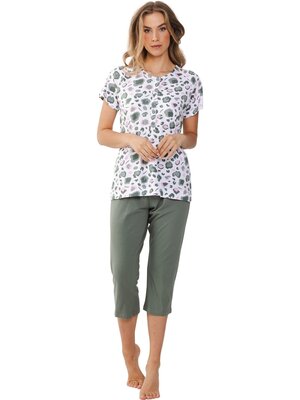 Pastunette Dames zomer pyjama met capri broek - print donkergroen