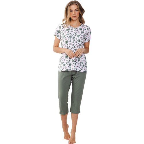 Pastunette Dames zomer pyjama met capri broek - print donkergroen