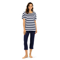 Dames pyjama katoen met 7/8 broek - donkerblauw gestreept