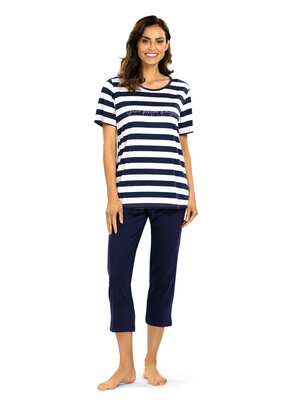 Comtessa Dames pyjama katoen met 7/8 broek - donkerblauw gestreept