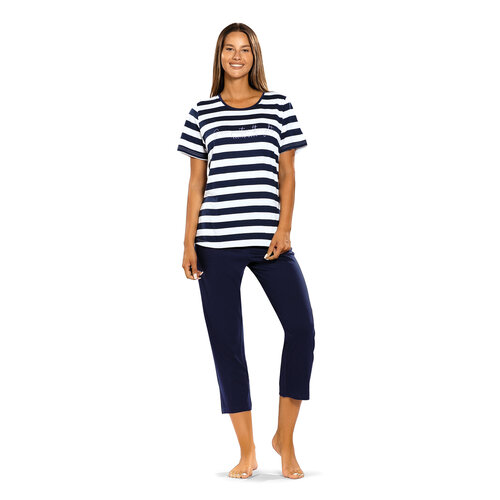 Comtessa Dames pyjama katoen met 7/8 broek - donkerblauw gestreept