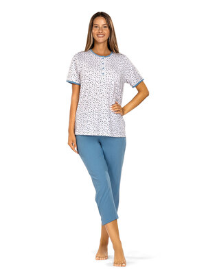 Comtessa Dames pyjama katoen met 7/8 broek - wit blauw