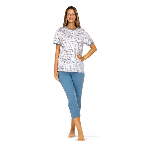 Comtessa Dames pyjama katoen met 7/8 broek - wit blauw