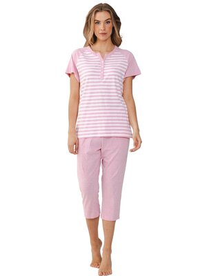 Pastunette Dames zomer pyjama met capri broek - gestreept roze