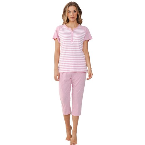 Pastunette Dames zomer pyjama met capri broek - gestreept roze