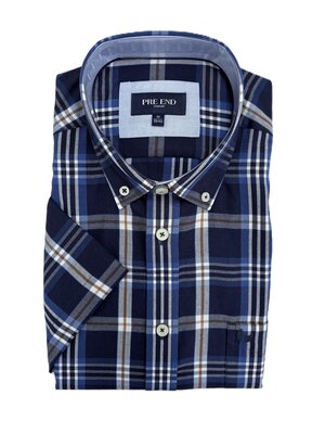 Pre End Heren overhemd korte mouw - donkerblauw geruit - strijkvrij