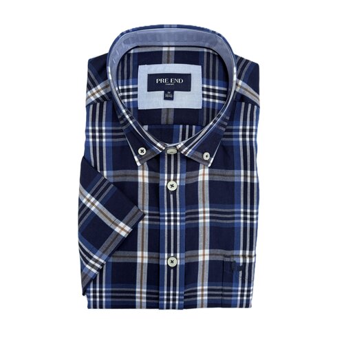 Pre End Heren overhemd korte mouw - donkerblauw geruit - strijkvrij