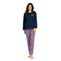 Dames pyjama katoen - blauw met geblokte broek