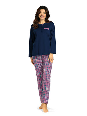 Comtessa Dames pyjama katoen - blauw met geblokte broek